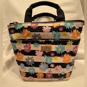 Betsy Johnson Lunch Bag/Black & White Stripes/Daisy/3” Handles/Insulated/Pocket
